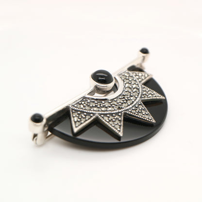Art deco onyx fan brooch with marcasite in sterling silver
