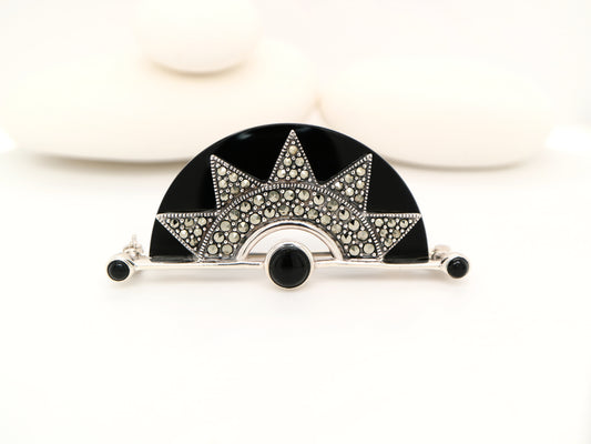 Art deco onyx fan brooch with marcasite in sterling silver