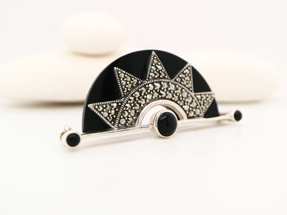 Art deco onyx fan brooch with marcasite in sterling silver