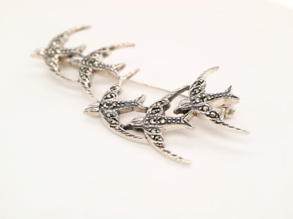 5 swallow brooch in sterling silver and marcasite