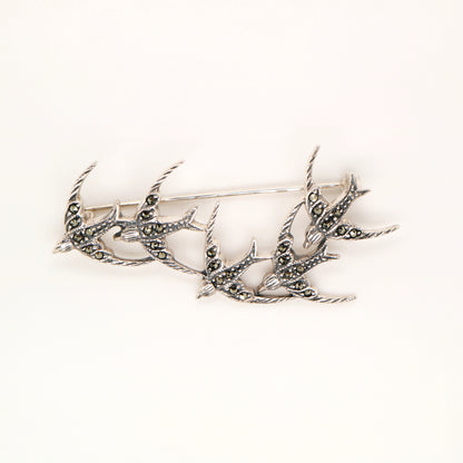 5 swallow brooch in sterling silver and marcasite