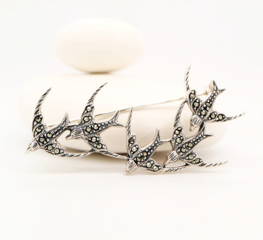 5 swallow brooch in sterling silver and marcasite