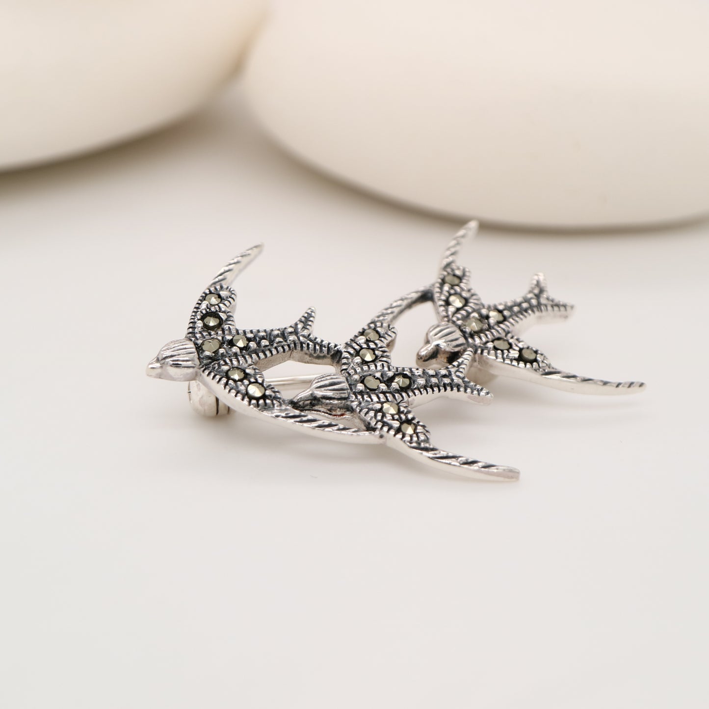 3 swallow brooch in marcasite and sterling silver