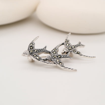 3 swallow brooch in marcasite and sterling silver