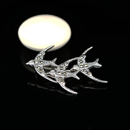3 swallow brooch in marcasite and sterling silver
