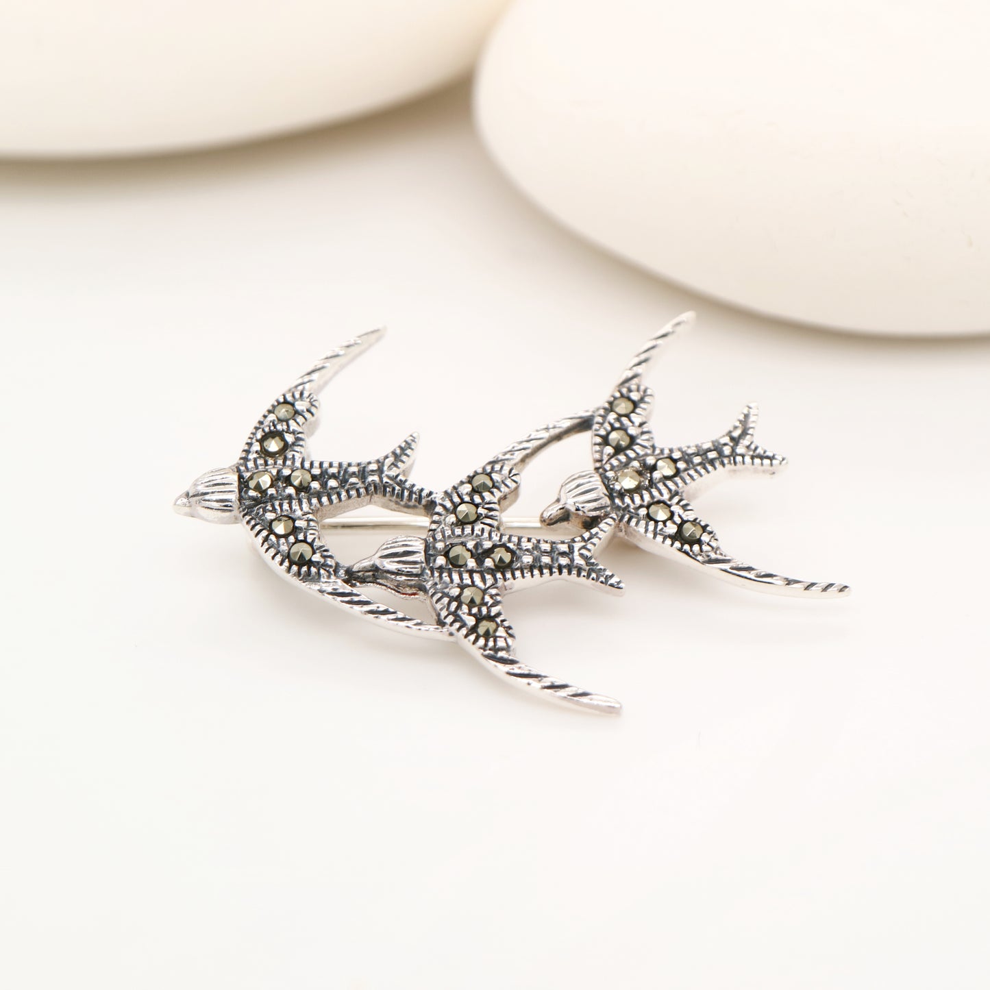 3 swallow brooch in marcasite and sterling silver