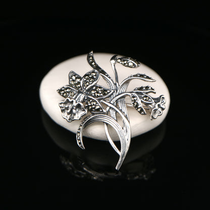 Trumpet Flower Brooch with Marcasite in Sterling Silver
