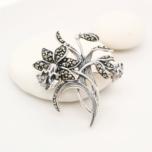 Trumpet Flower Brooch with Marcasite in Sterling Silver