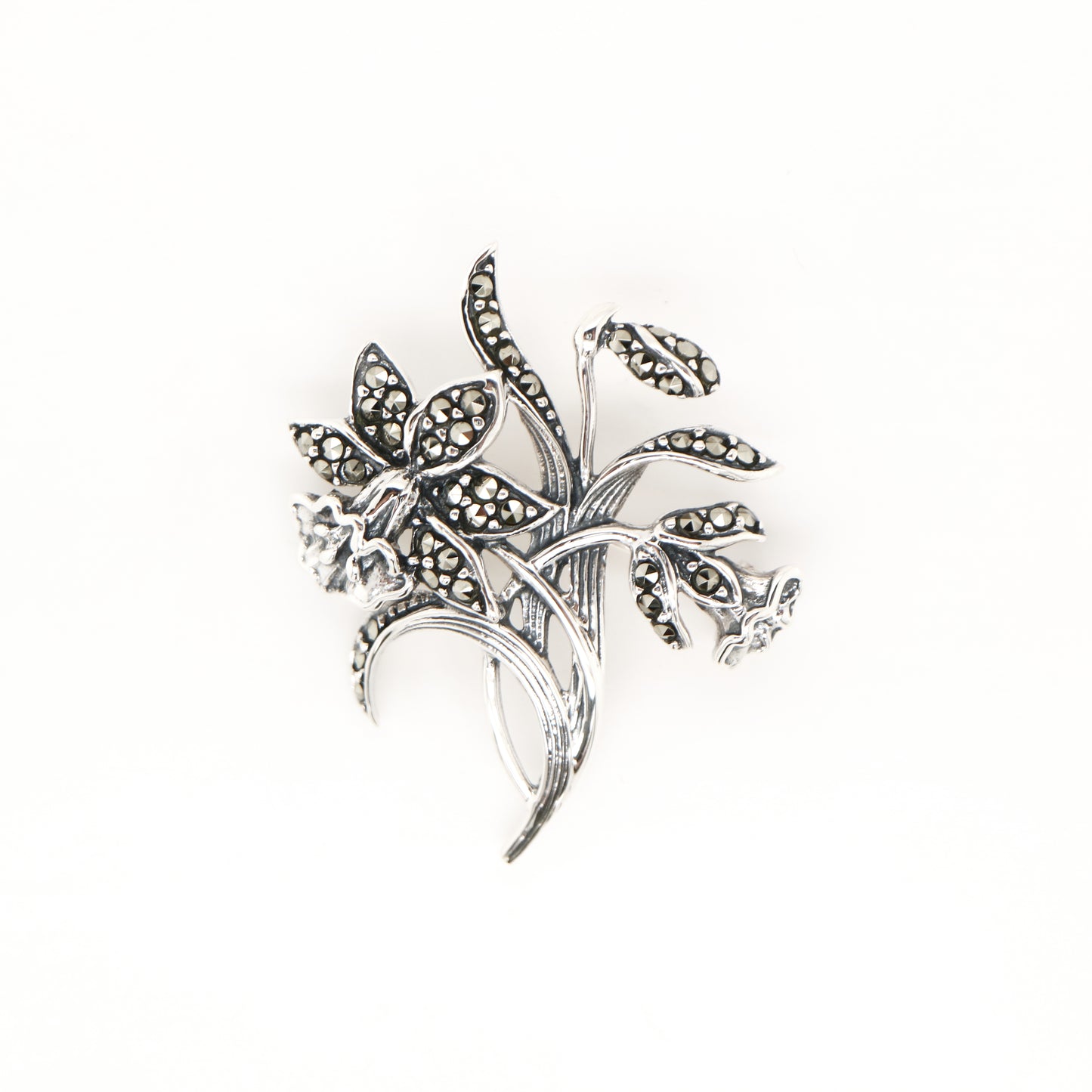 Trumpet Flower Brooch with Marcasite in Sterling Silver