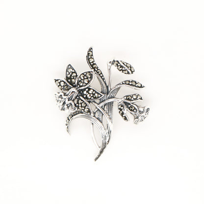 Trumpet Flower Brooch with Marcasite in Sterling Silver