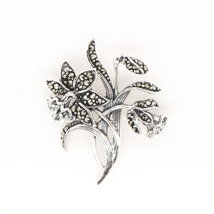 Trumpet Flower Brooch with Marcasite in Sterling Silver