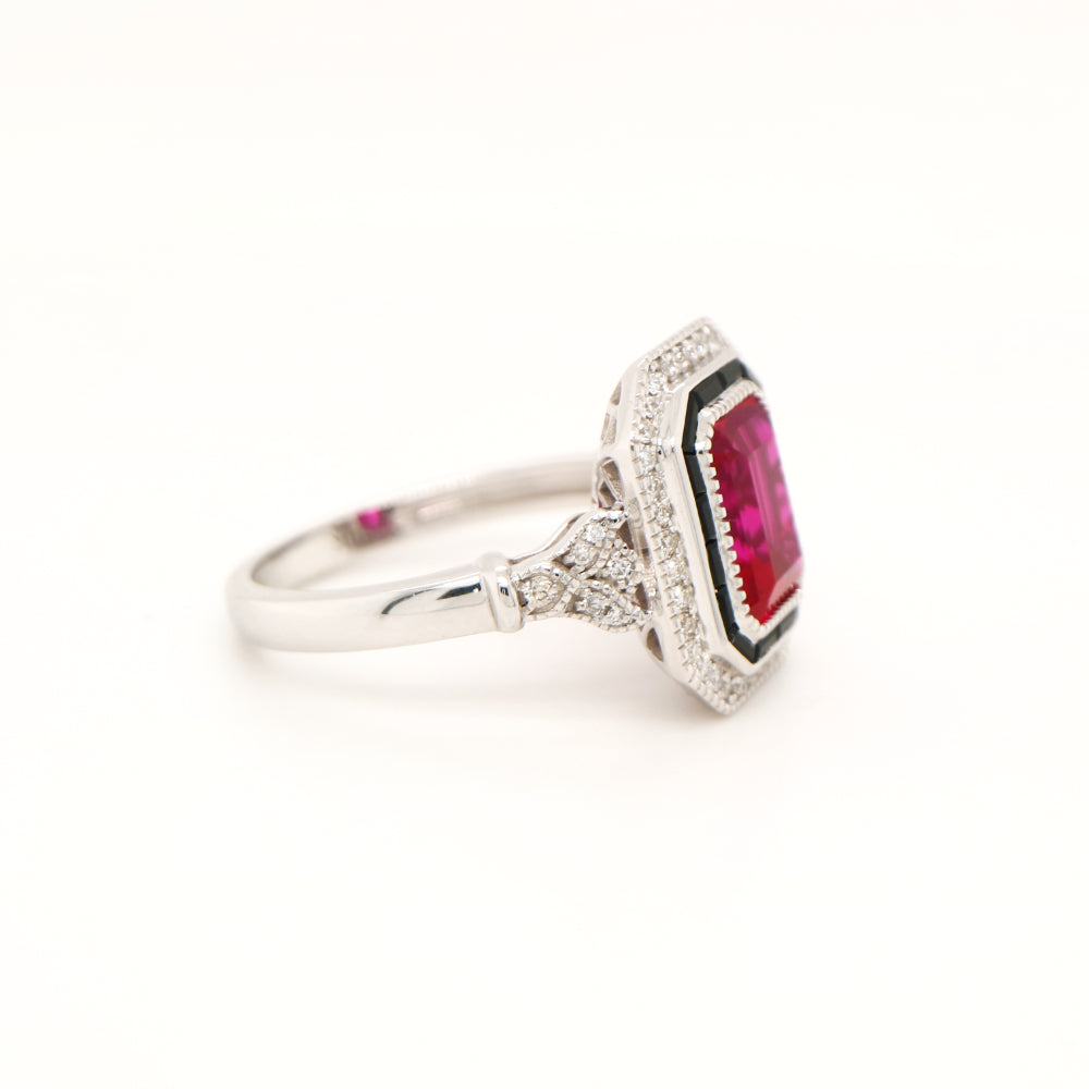 Art deco ring with laboratory grown ruby, onyx and cz halo in sterling silver