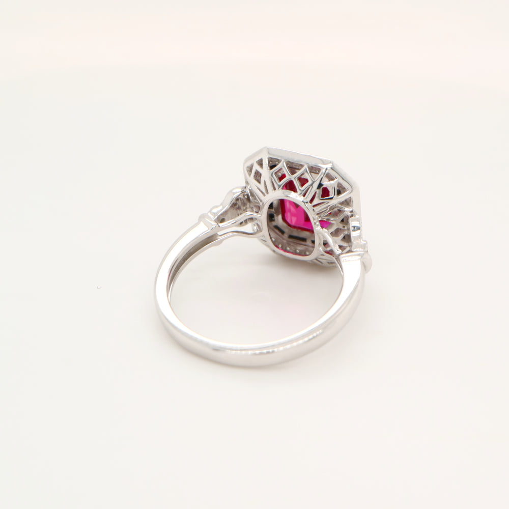 Art deco ring with laboratory grown ruby, onyx and cz halo in sterling silver