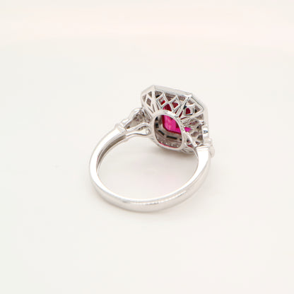 Art deco ring with laboratory grown ruby, onyx and cz halo in sterling silver