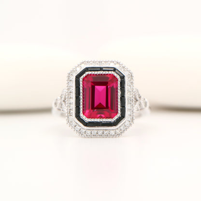 Art deco ring with laboratory grown ruby, onyx and cz halo in sterling silver