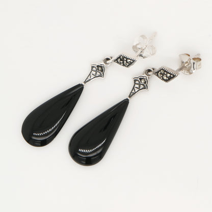 Art deco drop earrings with onyx drop, marcasite in sterling silver
