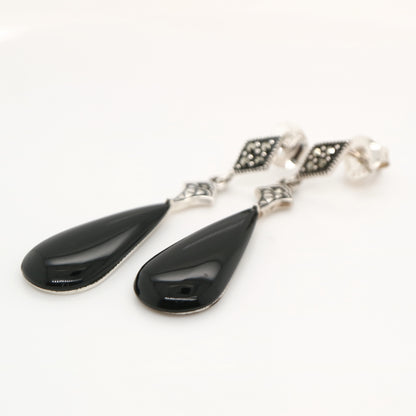Art deco drop earrings with onyx drop, marcasite in sterling silver