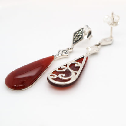 Art deco drop earrings with carnelian drop, marcasite in sterling silver