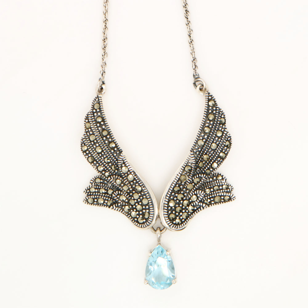 Angel Wing necklace in Silver with Marcasite and Blue Topaz Drop