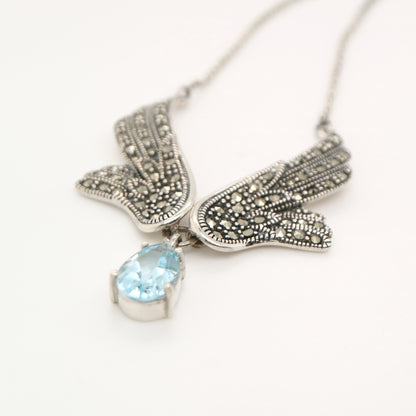 Angel Wing necklace in Silver with Marcasite and Blue Topaz Drop
