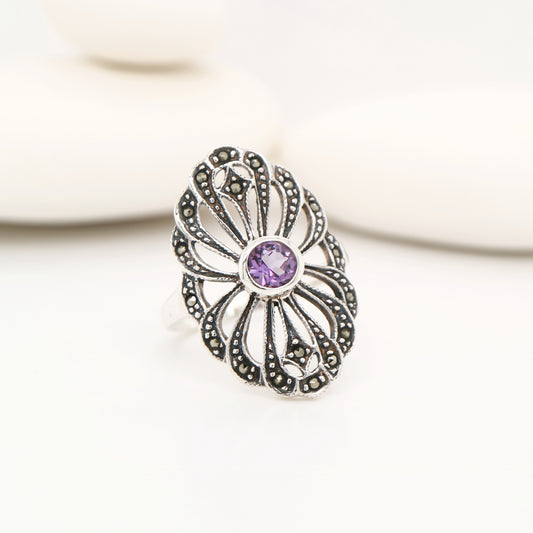 Marcasite flower ring with amethyst in sterling silver