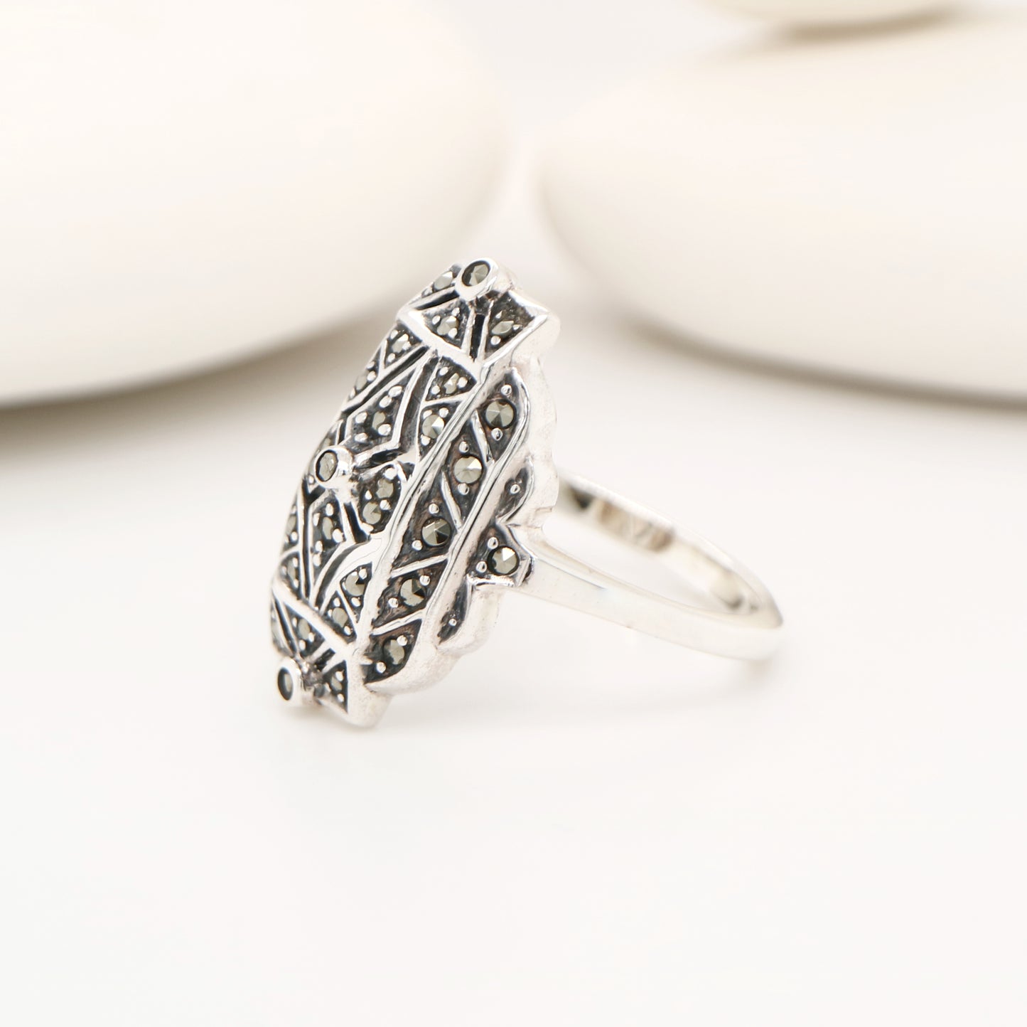 Marcasite shield ring in sterling silver