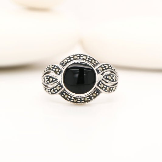 Marcasite and onyx ring in sterling silver