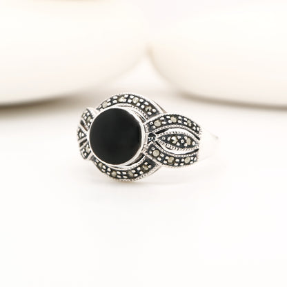 Marcasite and onyx ring in sterling silver