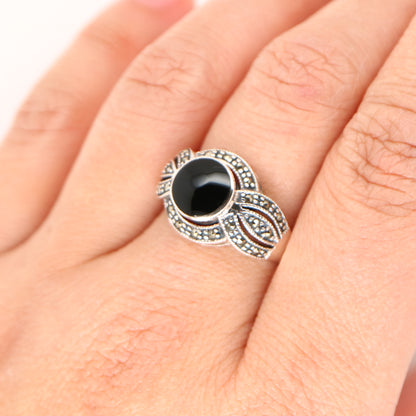 Marcasite and onyx ring in sterling silver