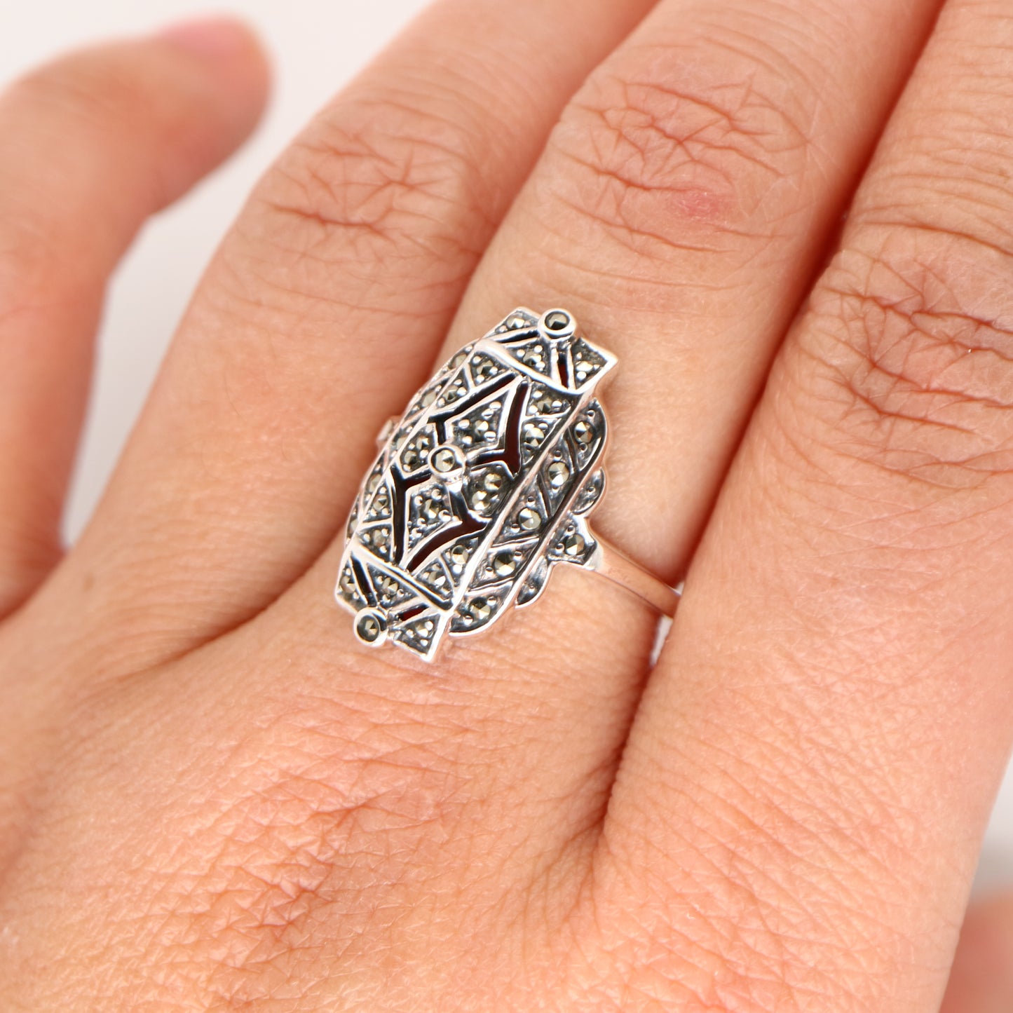 Marcasite shield ring in sterling silver