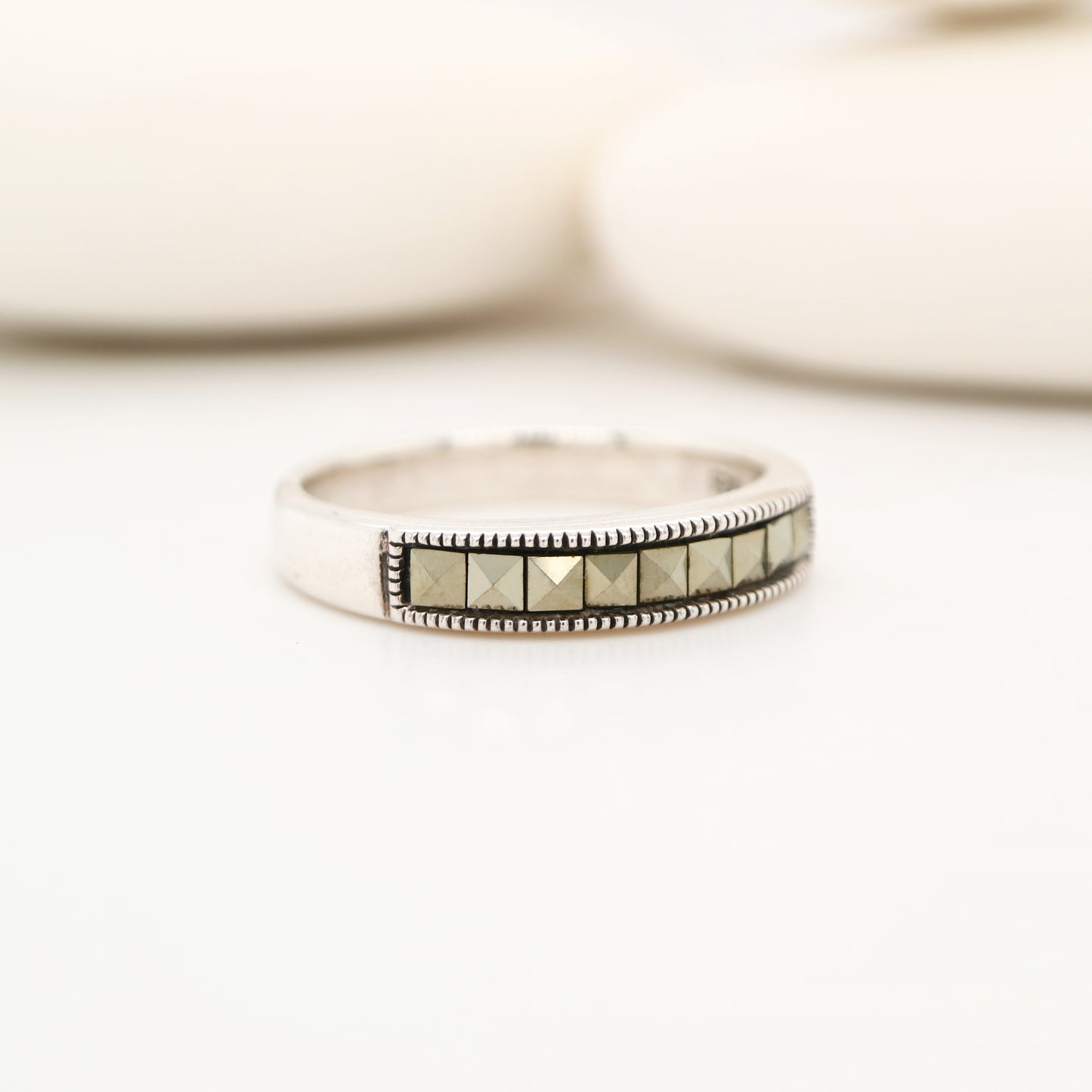 Swiss-cut marcasite band ring in sterling silver