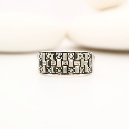 Marcasite wide band ring in sterling silver