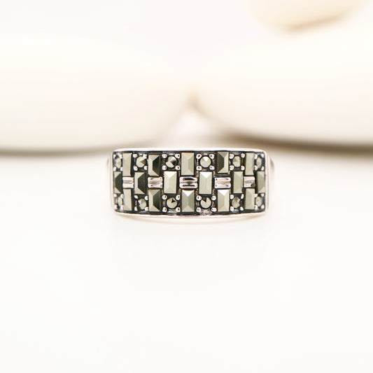 Marcasite wide band ring in sterling silver