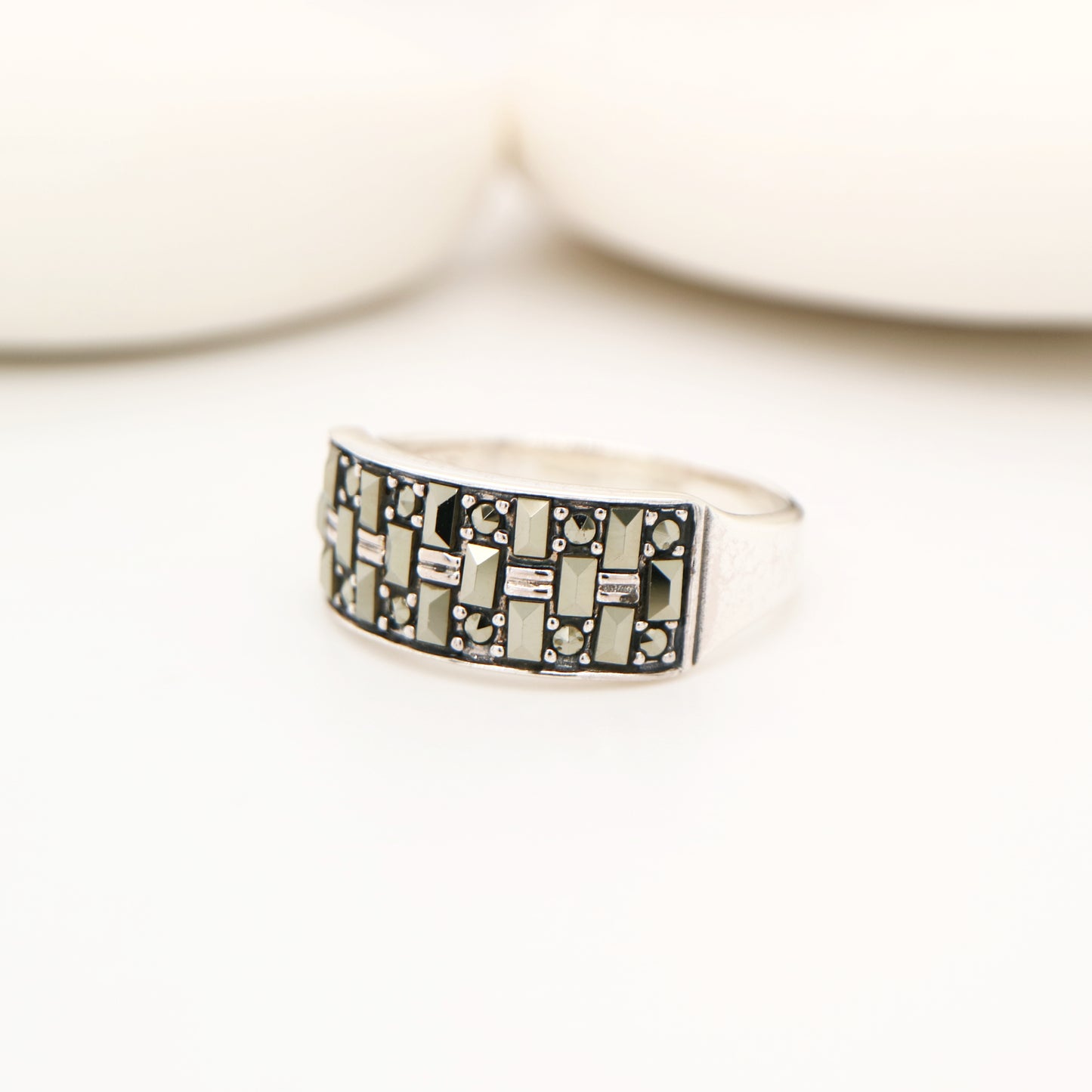 Marcasite wide band ring in sterling silver