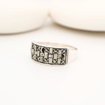 Marcasite wide band ring in sterling silver