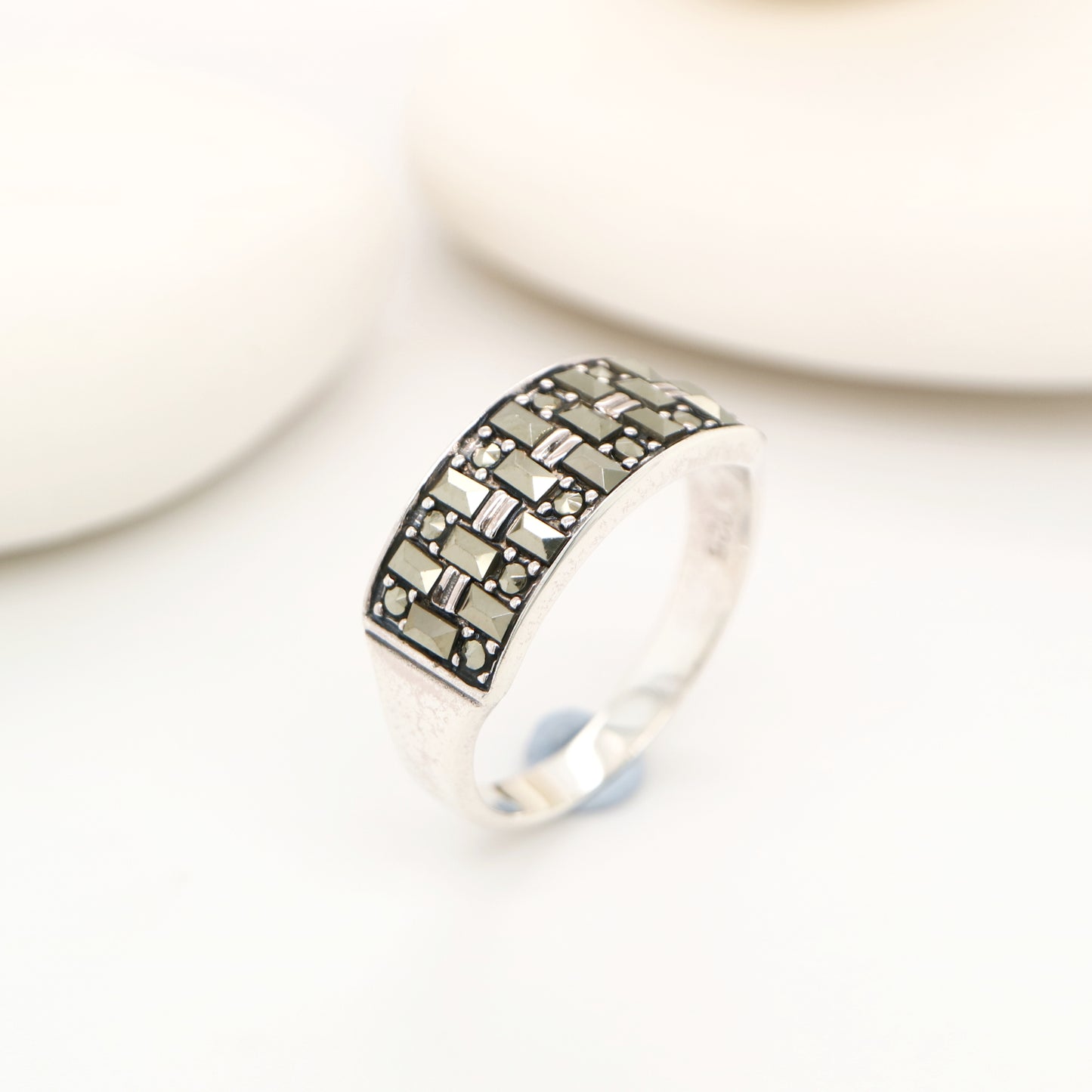 Marcasite wide band ring in sterling silver