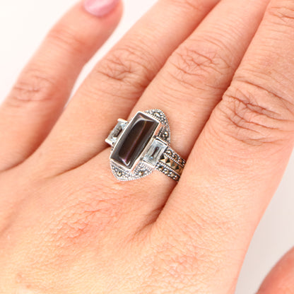 Silver lipped grey shell and pale blue topaz ring with marcasite and sterling silver