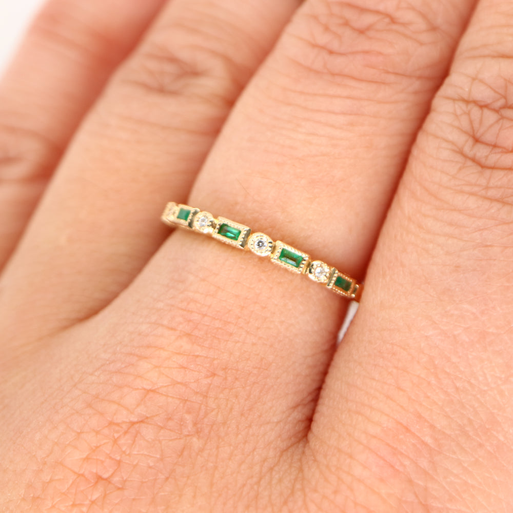 Art deco half set band in solid yellow gold with emeralds and diamonds