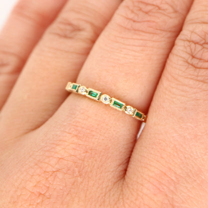Art deco half set band in solid yellow gold with emeralds and diamonds