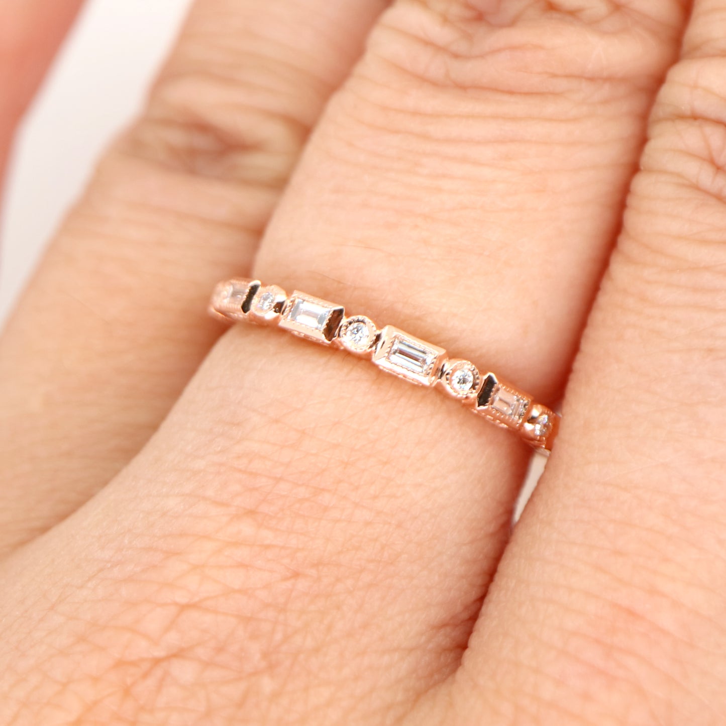 Art deco half set band in solid rose gold with natural diamonds