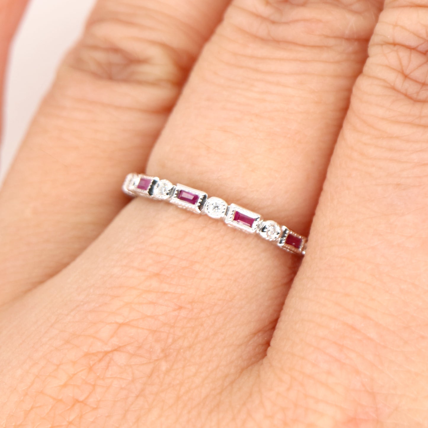 Art deco half set band in solid white gold with rubies and diamonds