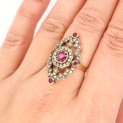 Oxidised gold cocktail ring with ruby and diamonds
