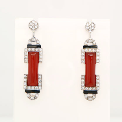 Art deco barrel drop earrings in carnelian, cubic zirconia, onyx and sterling silver
