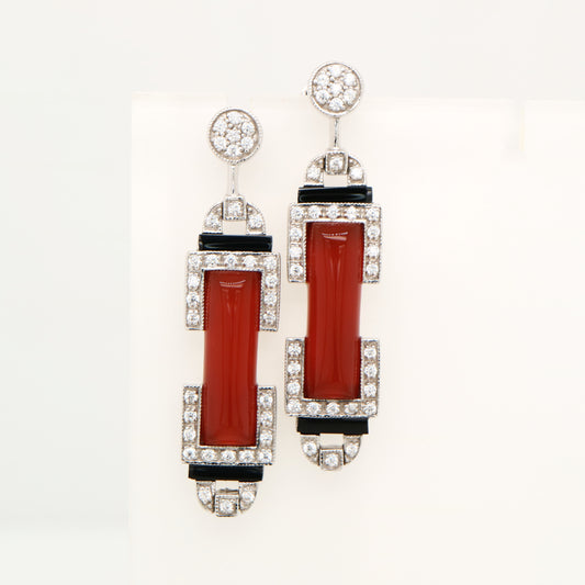 Art deco barrel drop earrings in carnelian, cubic zirconia, onyx and sterling silver