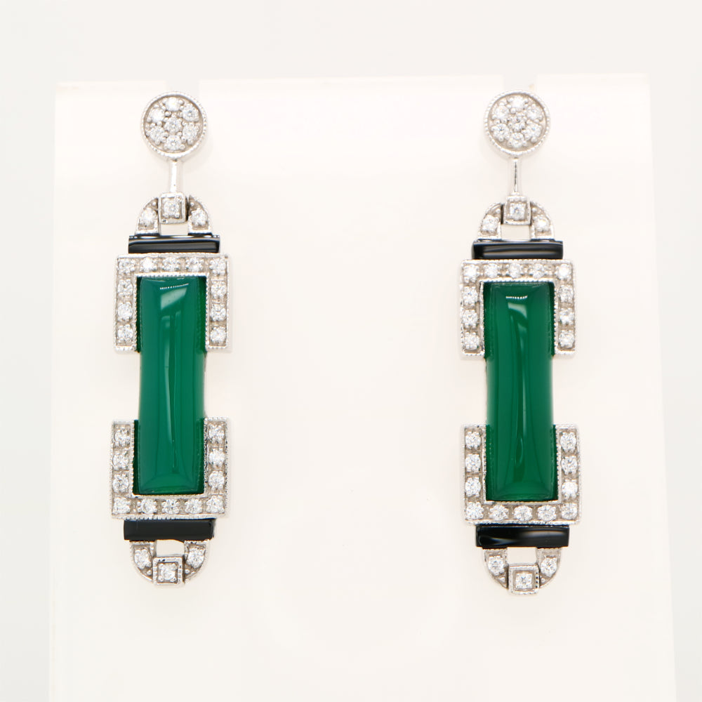 Art deco barrel drop earrings with green agate and onyx, sterling silver and cubic zirconia