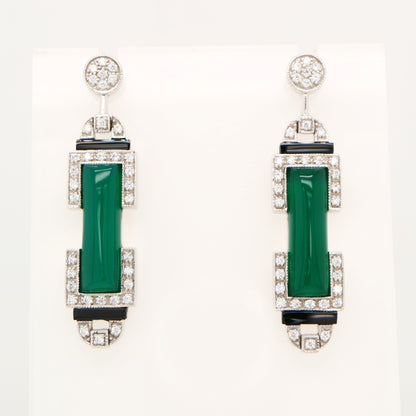 Art deco barrel drop earrings with green agate and onyx, sterling silver and cubic zirconia