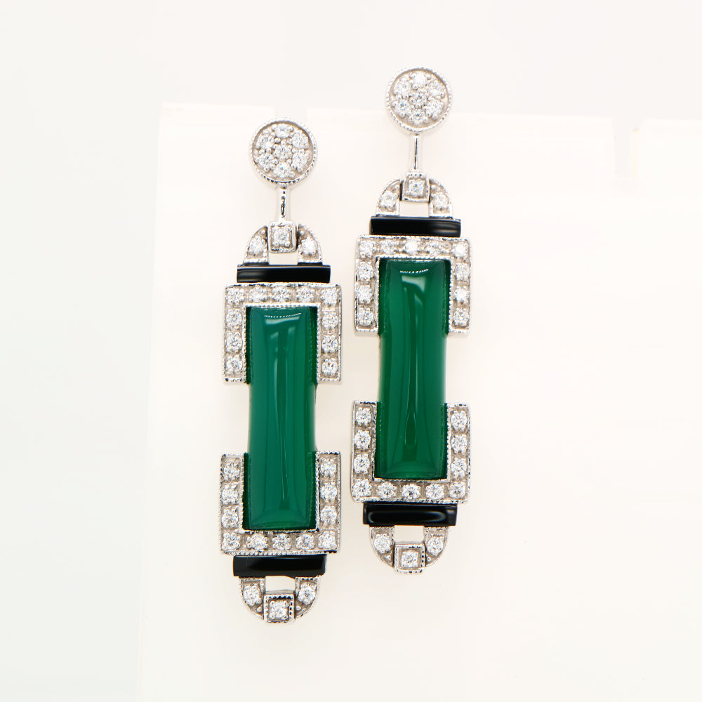 Art deco barrel drop earrings with green agate and onyx, sterling silver and cubic zirconia