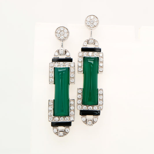 Art deco barrel drop earrings with green agate and onyx, sterling silver and cubic zirconia