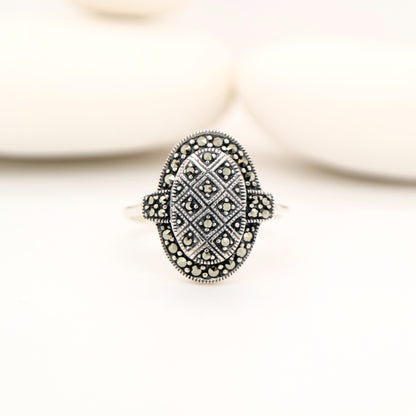 Stacked oval art deco ring with marcasite in sterling silver