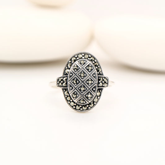 Stacked oval art deco ring with marcasite in sterling silver